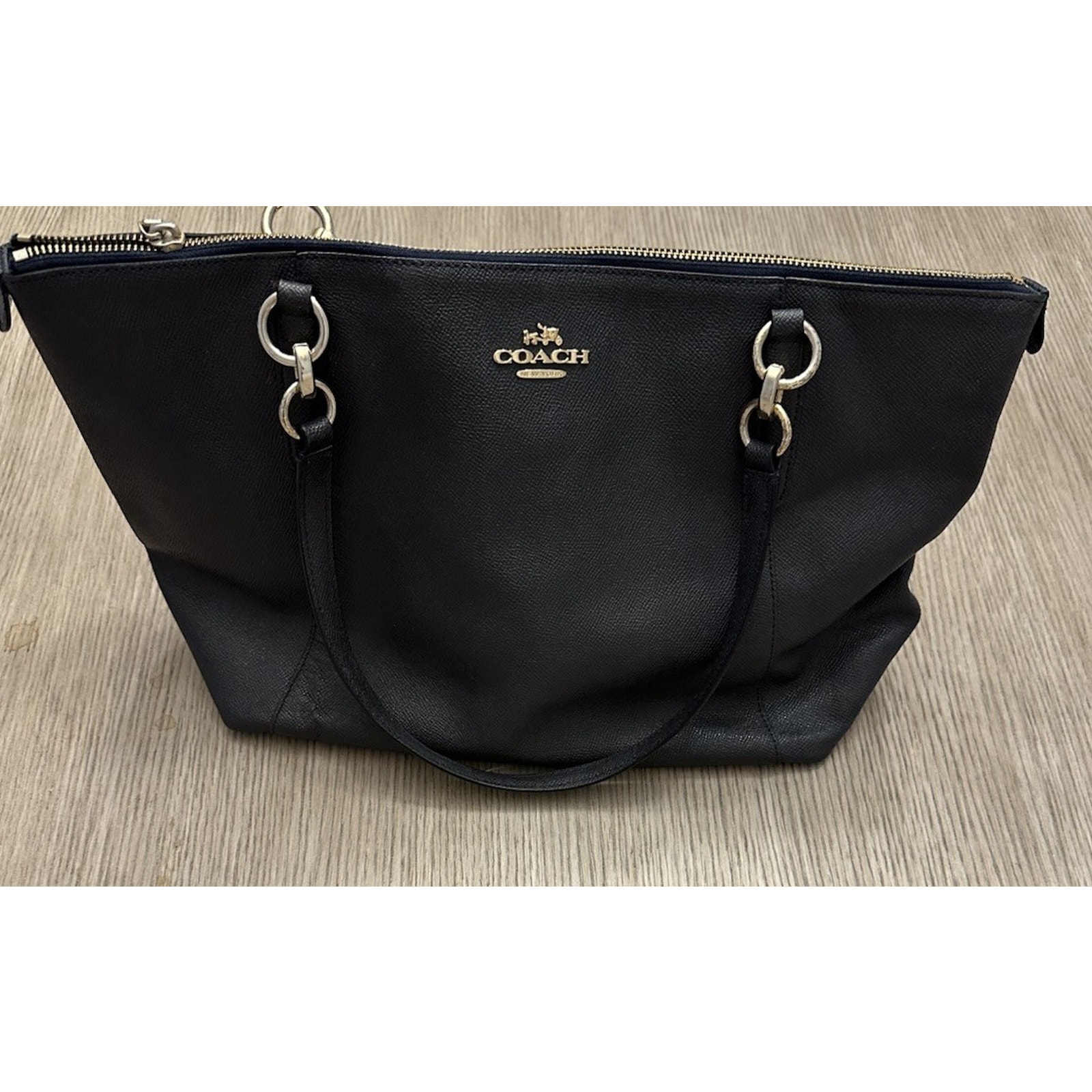 Coach Ava Crossgrain F57526 Navy Leather Tote Bag Zip Top Shoulder Bag Classic